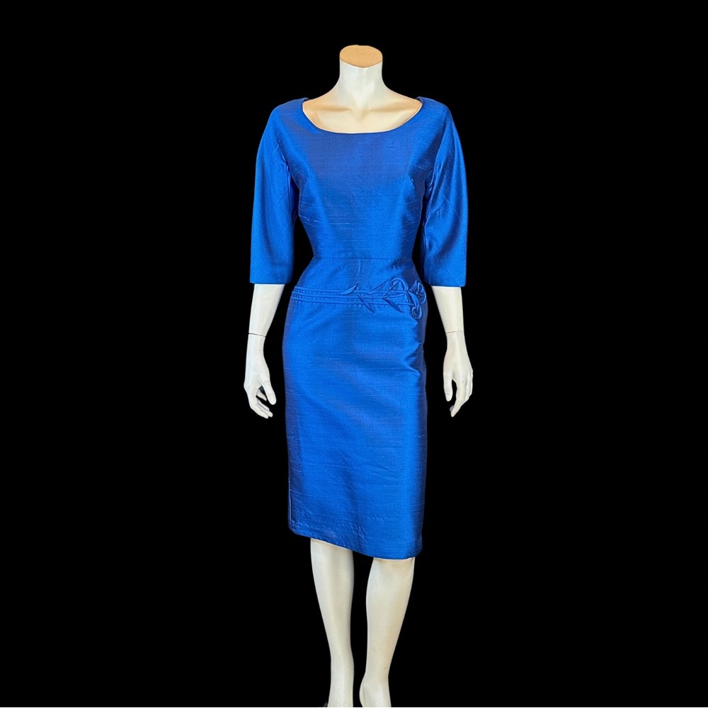50s 60s Iridescent PEACOCK BLUE Cocktail Party Bombshell WIGGLE Dress / S M